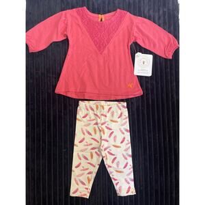 Burts Bees Organic 6M Girls Set Long Sleeve Ruffled pink top w Feather Leggings